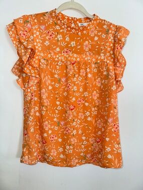 DR2 | Orange Floral Ruffle Sleeve Blouse | XS